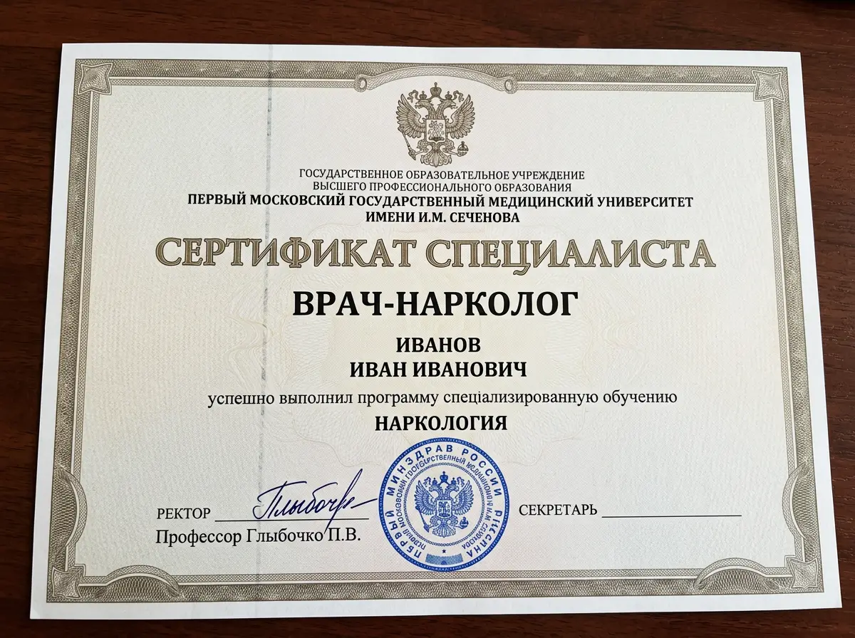Сертификат специалиста врача-нарколога — диплом государственного образца с гербом и подписью ректора медицинского университета